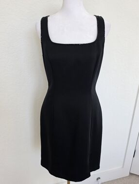 Y2K Black Mini Beaded Dress 90s Minimalist Slip Bodycon | Vintage Rhinestones S